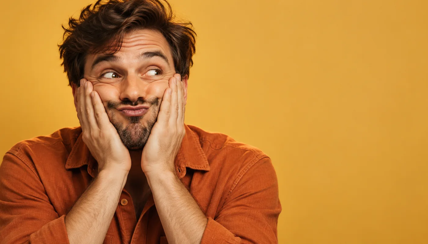 A fictional man with a playful compressed expression against a yellow backdrop